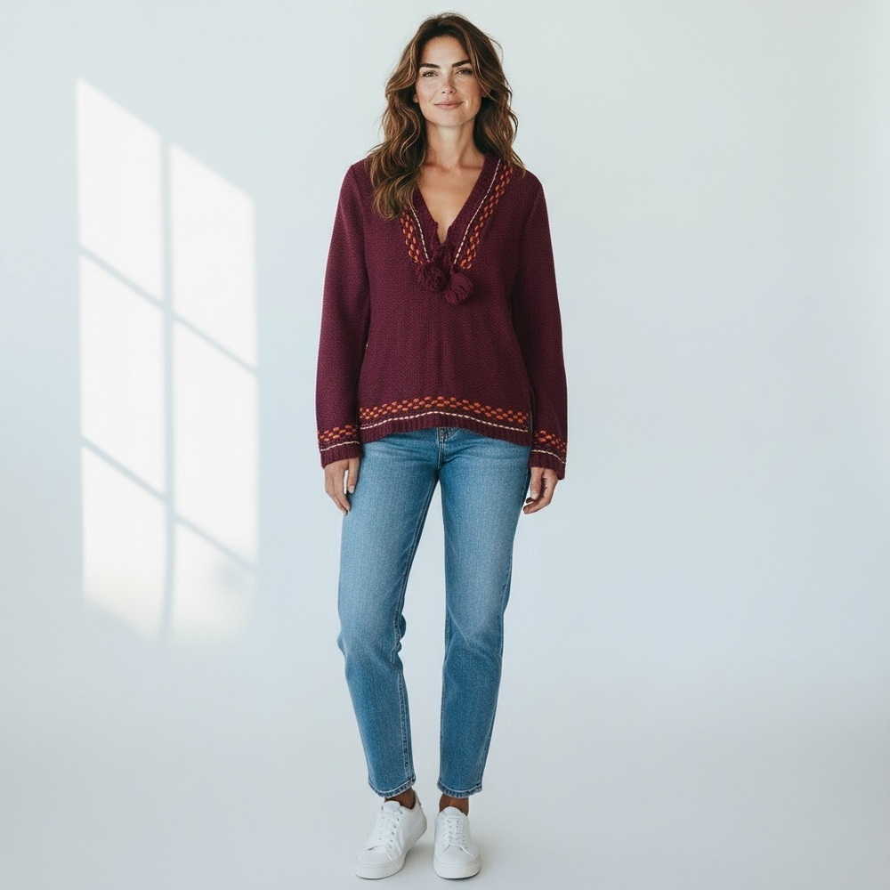American Attitudes NEW Y2K Embroidered Boho Burgundy Sweater V Slits Knit Top L